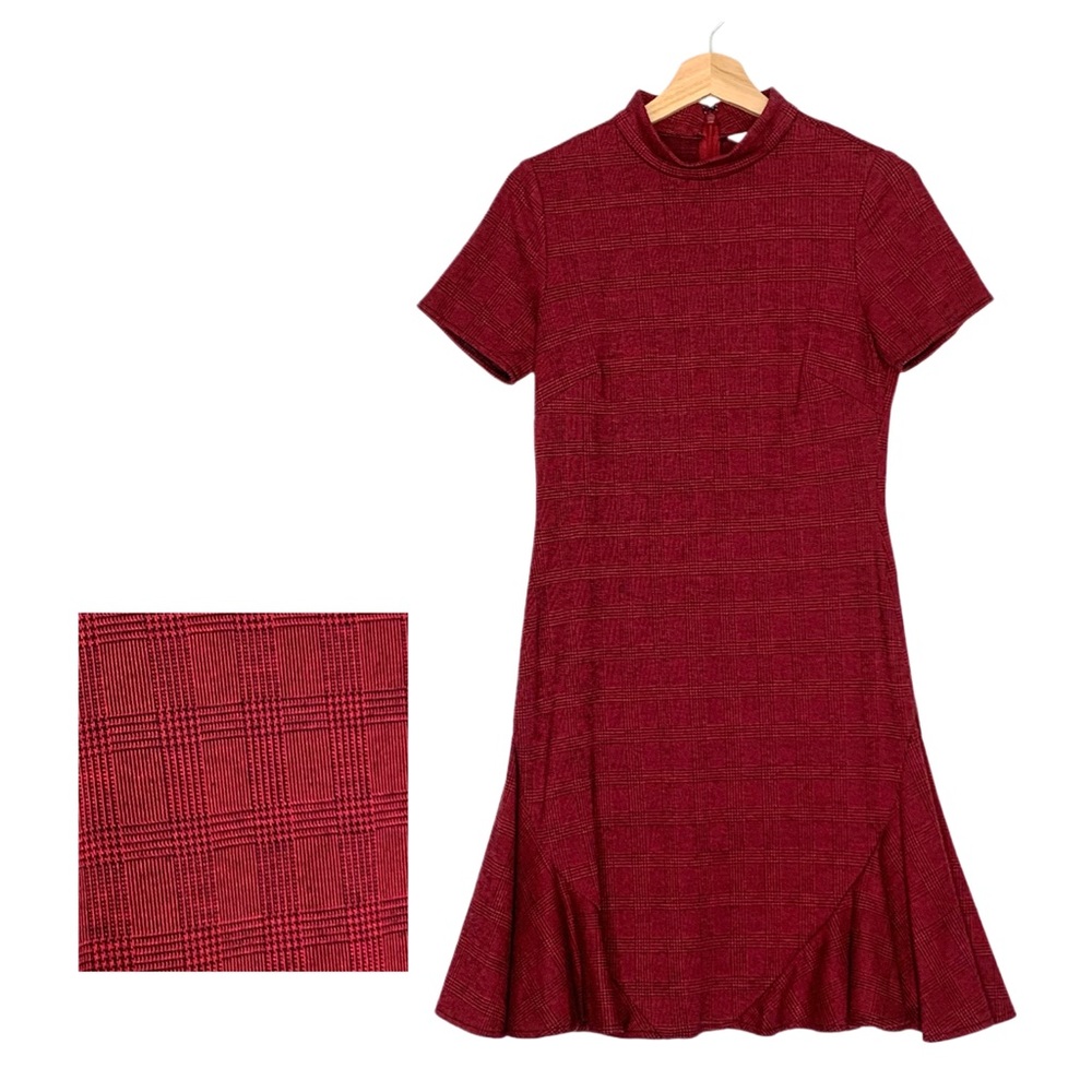 Nanette Lepore Mock Neck Red Plaid Dress Side Panels Size 4